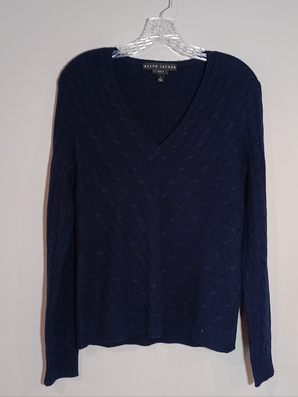 Ralph Lauren slim fit Cable knit cashmere v neck sweater in Navy Blue Size L